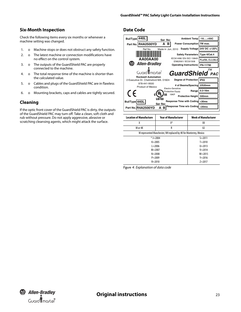 Guardshield, Original instructions, Six-month inspection | Cleaning, Date code | Rockwell Automation 440L GuardShield PAC Type 4 Safety Light Curtain User Manual | Page 25 / 36