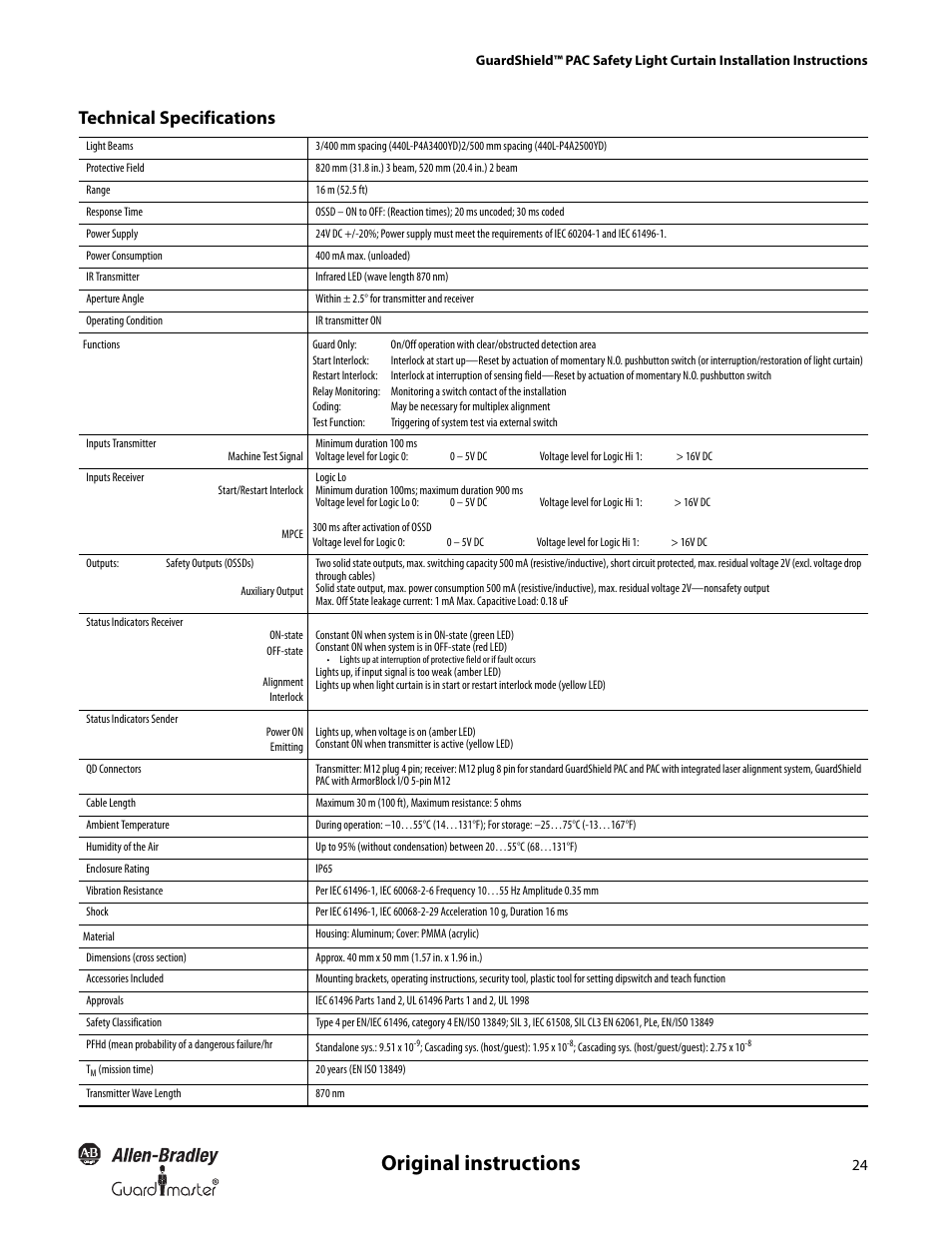 Original instructions, Technical specifications | Rockwell Automation 440L GuardShield PAC Type 4 Safety Light Curtain User Manual | Page 26 / 36