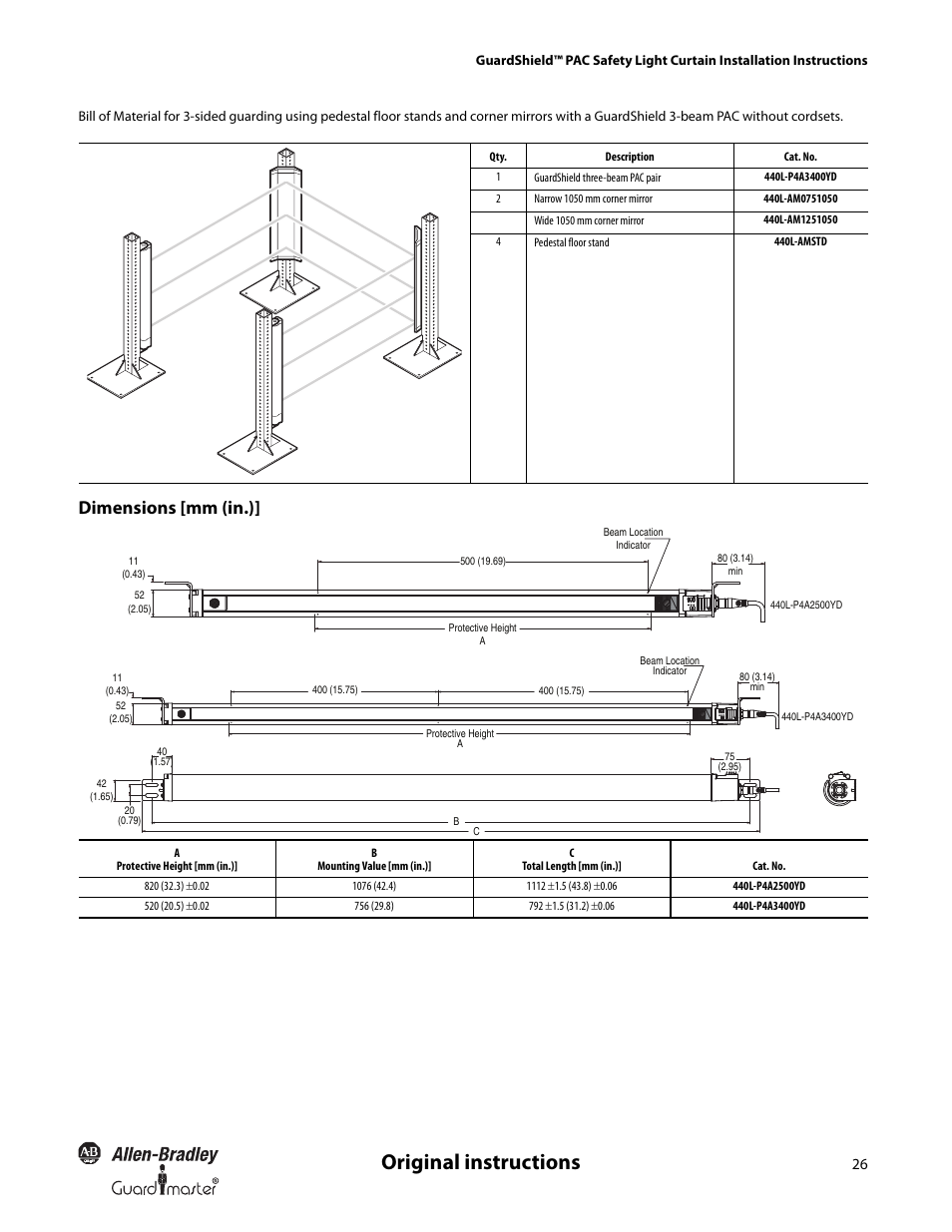 Original instructions, Dimensions [mm (in.) | Rockwell Automation 440L GuardShield PAC Type 4 Safety Light Curtain User Manual | Page 28 / 36