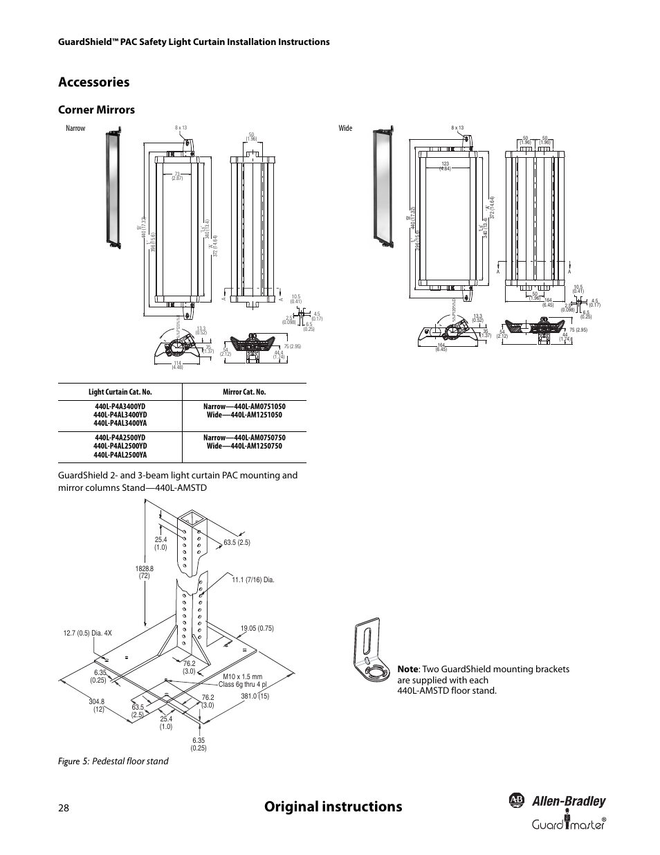 Original instructions, Accessories, Corner mirrors | Rockwell Automation 440L GuardShield PAC Type 4 Safety Light Curtain User Manual | Page 30 / 36