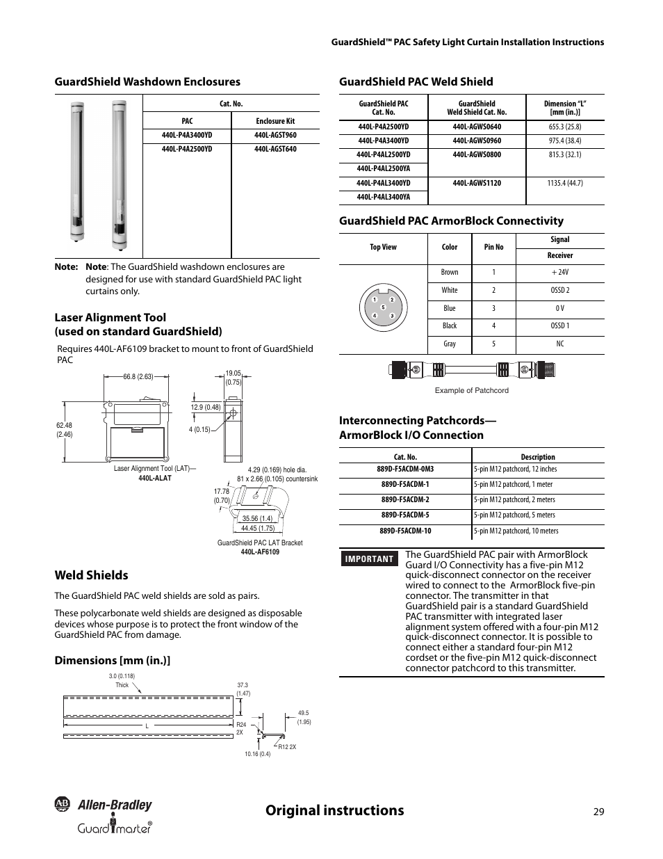 Original instructions, Weld shields, Guardshield washdown enclosures | Dimensions [mm (in.) | Rockwell Automation 440L GuardShield PAC Type 4 Safety Light Curtain User Manual | Page 31 / 36