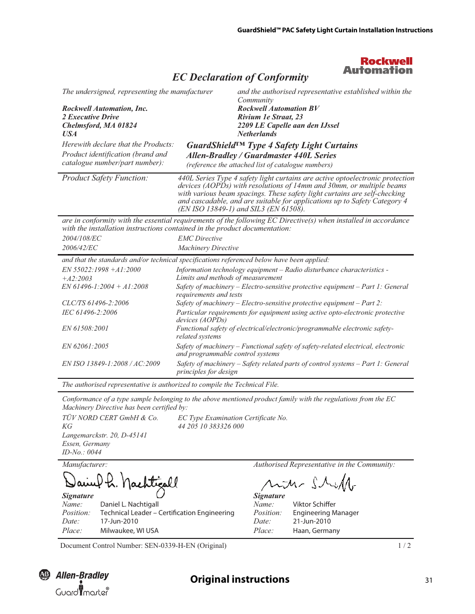 Original instructions, Ec declaration of conformity, Guardshield™ type 4 safety light curtains | Rockwell Automation 440L GuardShield PAC Type 4 Safety Light Curtain User Manual | Page 33 / 36