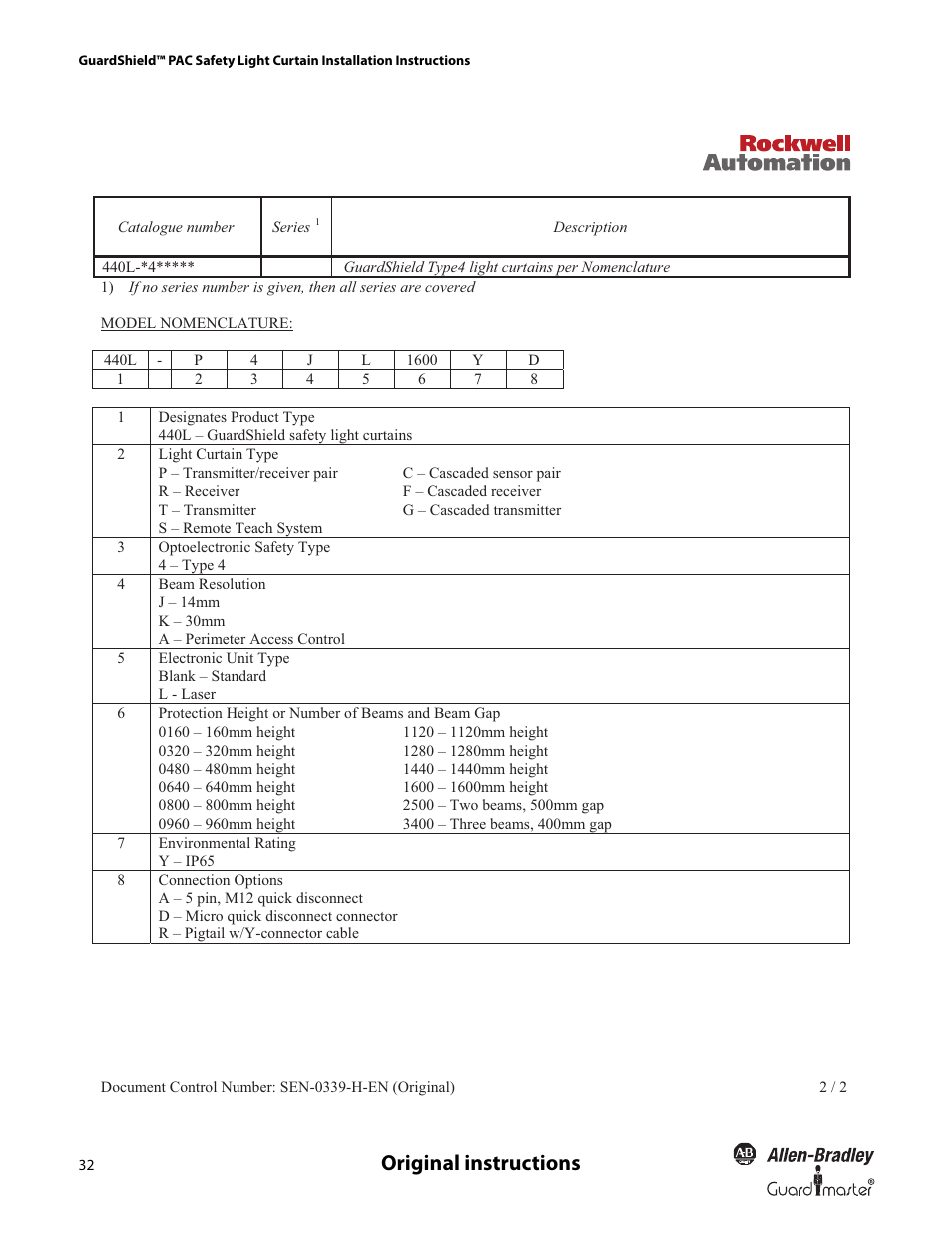 Original instructions | Rockwell Automation 440L GuardShield PAC Type 4 Safety Light Curtain User Manual | Page 34 / 36