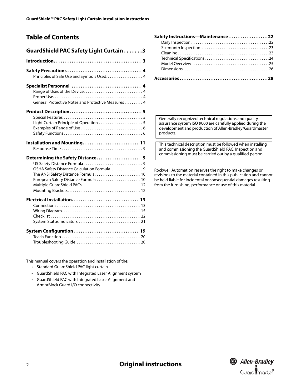 Original instructions table of contents | Rockwell Automation 440L GuardShield PAC Type 4 Safety Light Curtain User Manual | Page 4 / 36