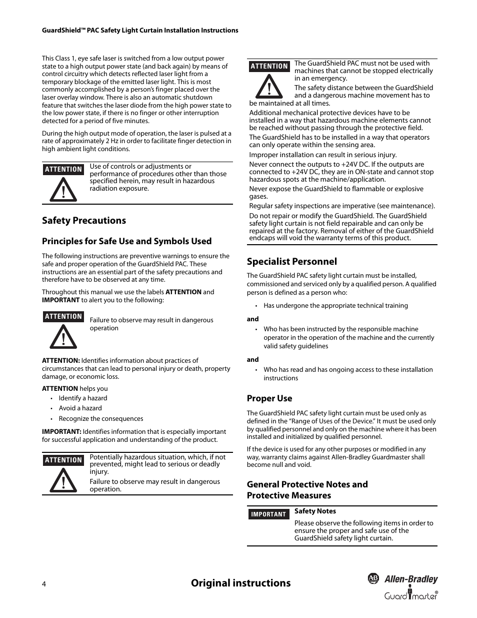 Original instructions, Safety precautions, Specialist personnel | Rockwell Automation 440L GuardShield PAC Type 4 Safety Light Curtain User Manual | Page 6 / 36