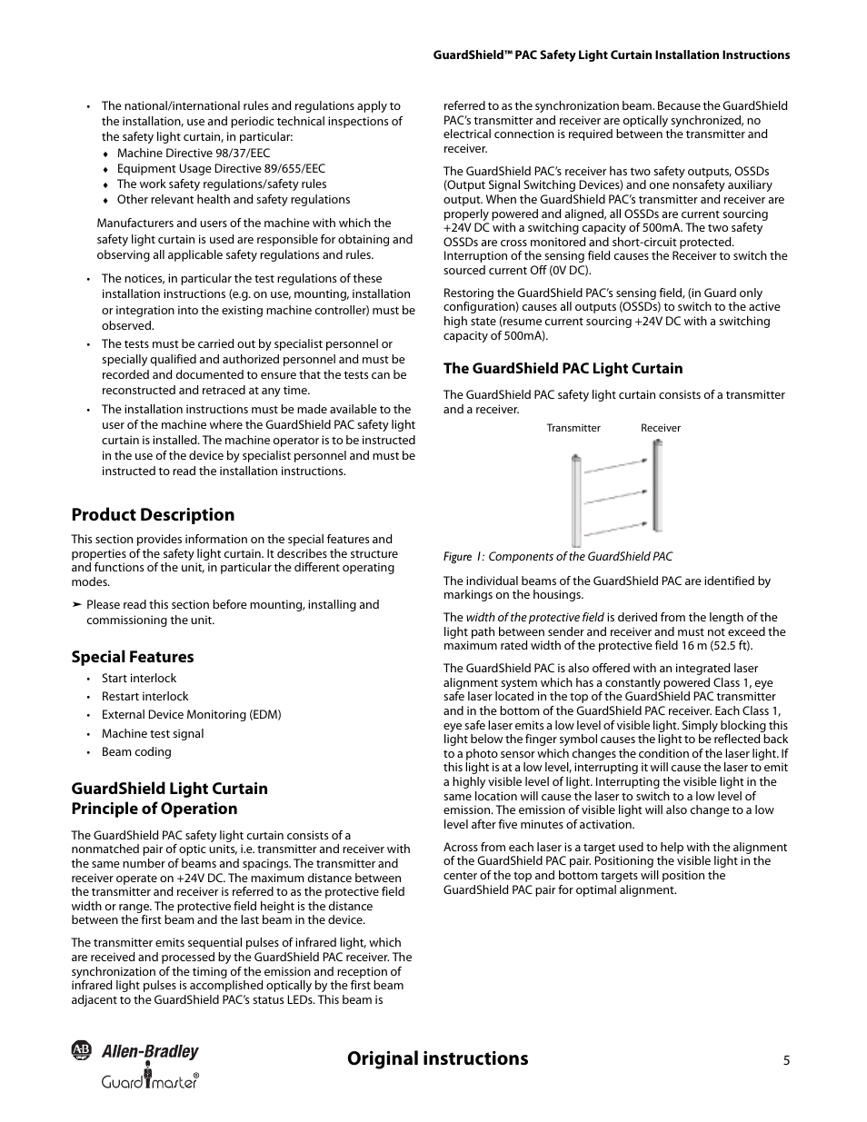 Original instructions, Product description, Special features | Guardshield light curtain principle of operation | Rockwell Automation 440L GuardShield PAC Type 4 Safety Light Curtain User Manual | Page 7 / 36