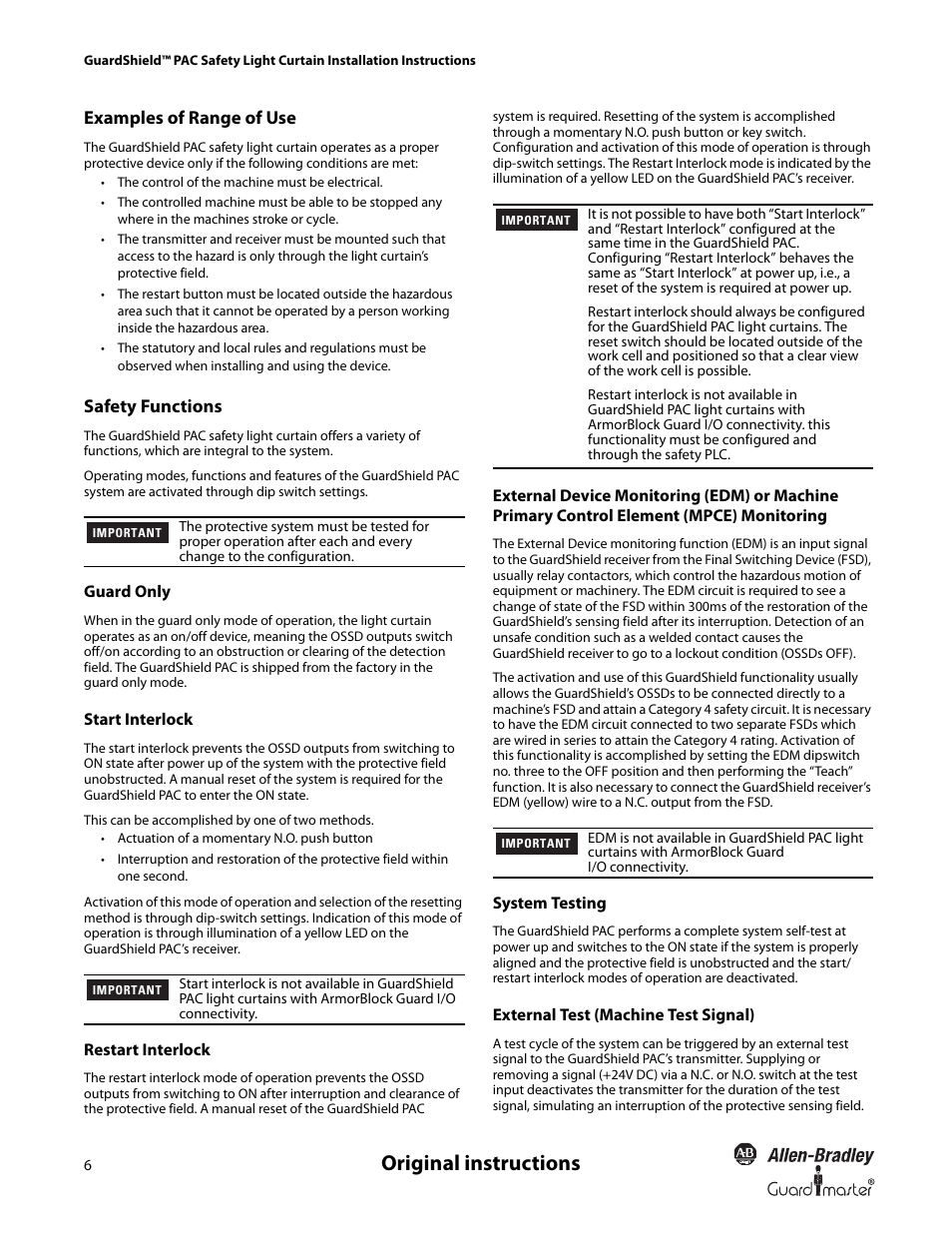Original instructions | Rockwell Automation 440L GuardShield PAC Type 4 Safety Light Curtain User Manual | Page 8 / 36