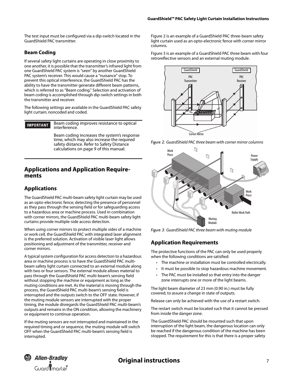 Original instructions, Applications and application require- ments, Applications | Application requirements | Rockwell Automation 440L GuardShield PAC Type 4 Safety Light Curtain User Manual | Page 9 / 36