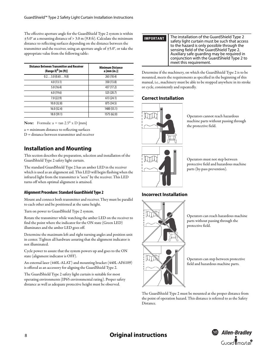 Original instructions, Installation and mounting, Correct installation incorrect installation | Rockwell Automation 440L GuardShield Type 2 Safety Light Curtain User Manual User Manual | Page 10 / 28