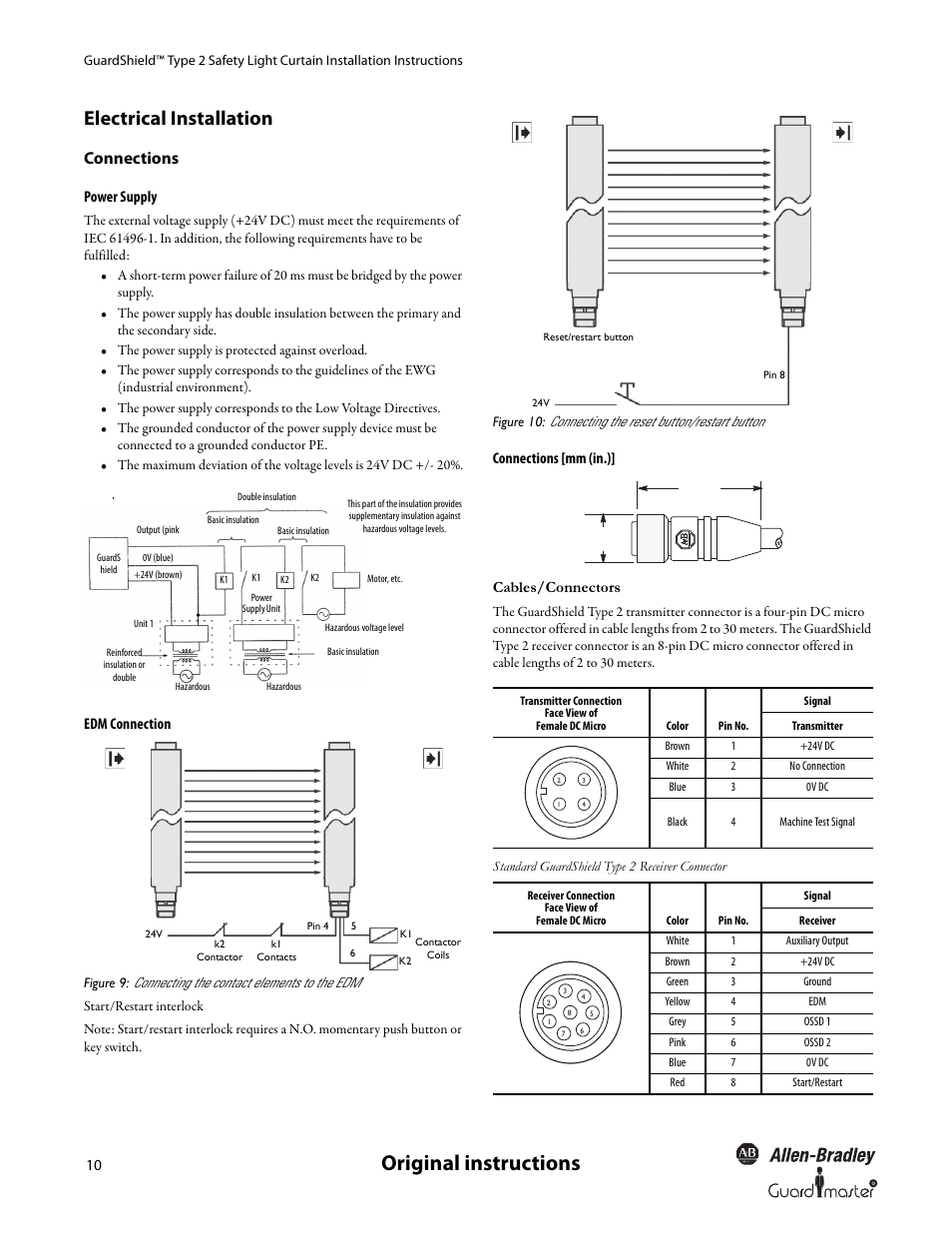 Original instructions, Electrical installation, Connections | Power supply, Edm connection, Connections [mm (in.)] cables/connectors | Rockwell Automation 440L GuardShield Type 2 Safety Light Curtain User Manual User Manual | Page 12 / 28