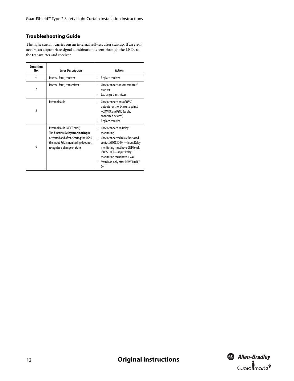 Original instructions, Troubleshooting guide | Rockwell Automation 440L GuardShield Type 2 Safety Light Curtain User Manual User Manual | Page 14 / 28