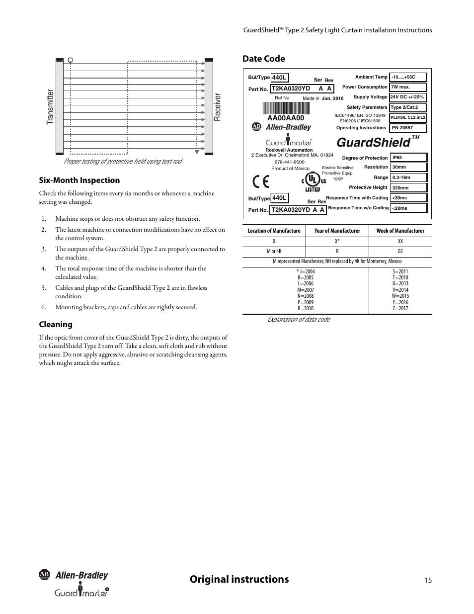 Guardshield, Original instructions, Date code | Six-month inspection, Cleaning, Tran smitter receiver | Rockwell Automation 440L GuardShield Type 2 Safety Light Curtain User Manual User Manual | Page 17 / 28