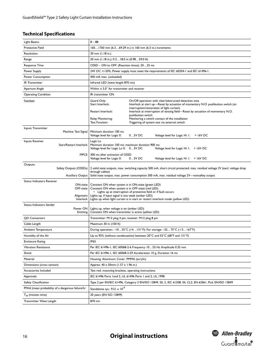 Original instructions, Technical specifications | Rockwell Automation 440L GuardShield Type 2 Safety Light Curtain User Manual User Manual | Page 18 / 28