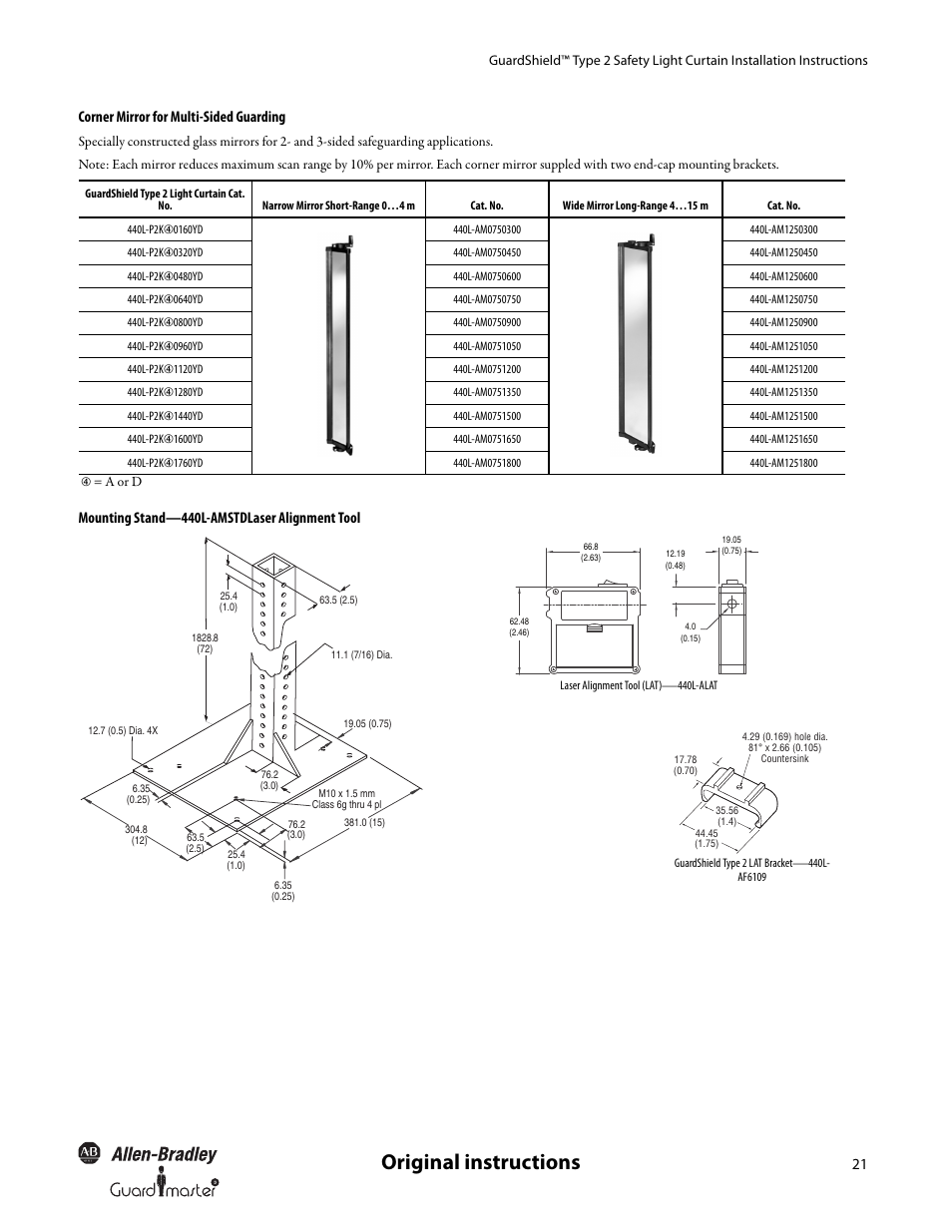 Original instructions, Corner mirror for multi-sided guarding, Mounting stand—440l-amstdlaser alignment tool | Rockwell Automation 440L GuardShield Type 2 Safety Light Curtain User Manual User Manual | Page 23 / 28