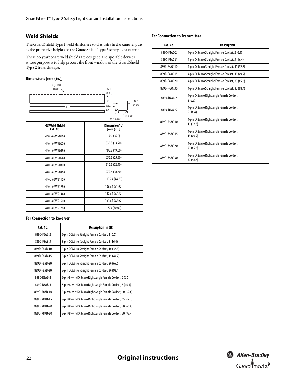 Original instructions, Weld shields | Rockwell Automation 440L GuardShield Type 2 Safety Light Curtain User Manual User Manual | Page 24 / 28