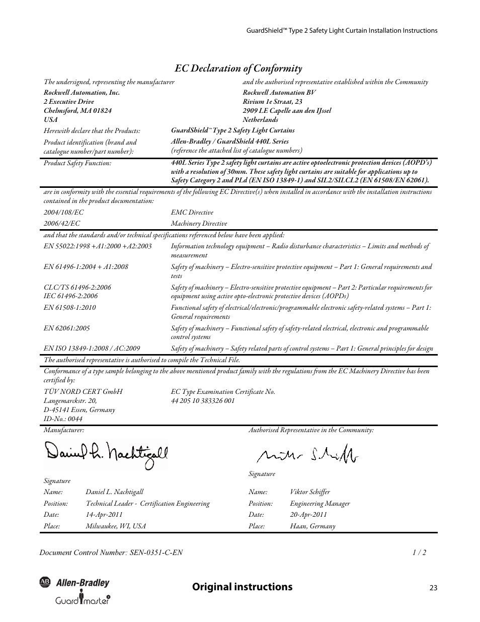 Original instructions, Ec declaration of conformity | Rockwell Automation 440L GuardShield Type 2 Safety Light Curtain User Manual User Manual | Page 25 / 28