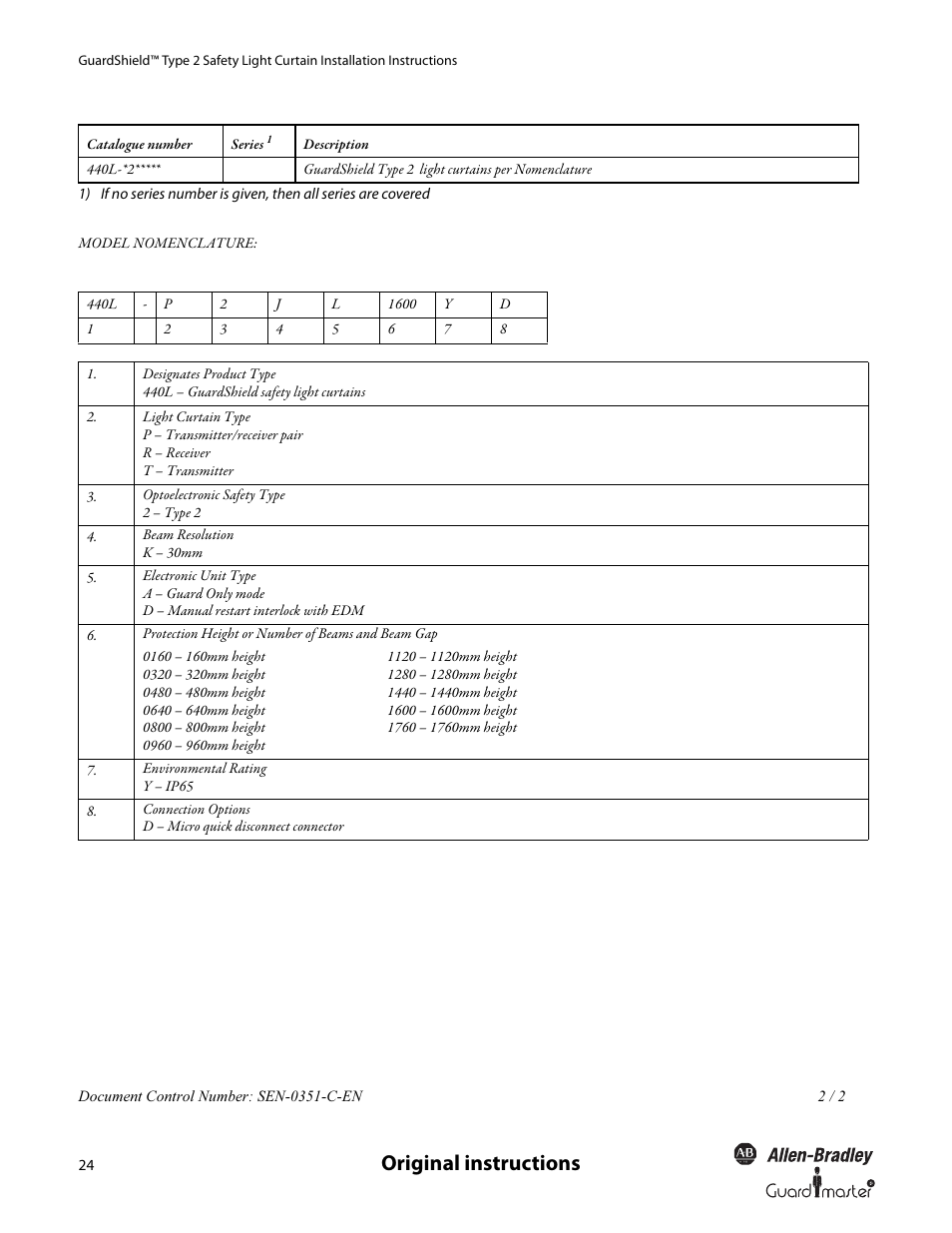 Original instructions | Rockwell Automation 440L GuardShield Type 2 Safety Light Curtain User Manual User Manual | Page 26 / 28