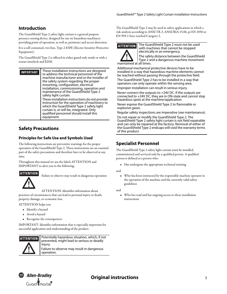 Original instructions, Introduction, Safety precautions | Specialist personnel | Rockwell Automation 440L GuardShield Type 2 Safety Light Curtain User Manual User Manual | Page 5 / 28