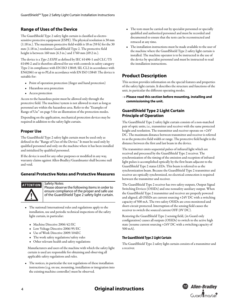 Original instructions, Product description, Range of uses of the device | Rockwell Automation 440L GuardShield Type 2 Safety Light Curtain User Manual User Manual | Page 6 / 28