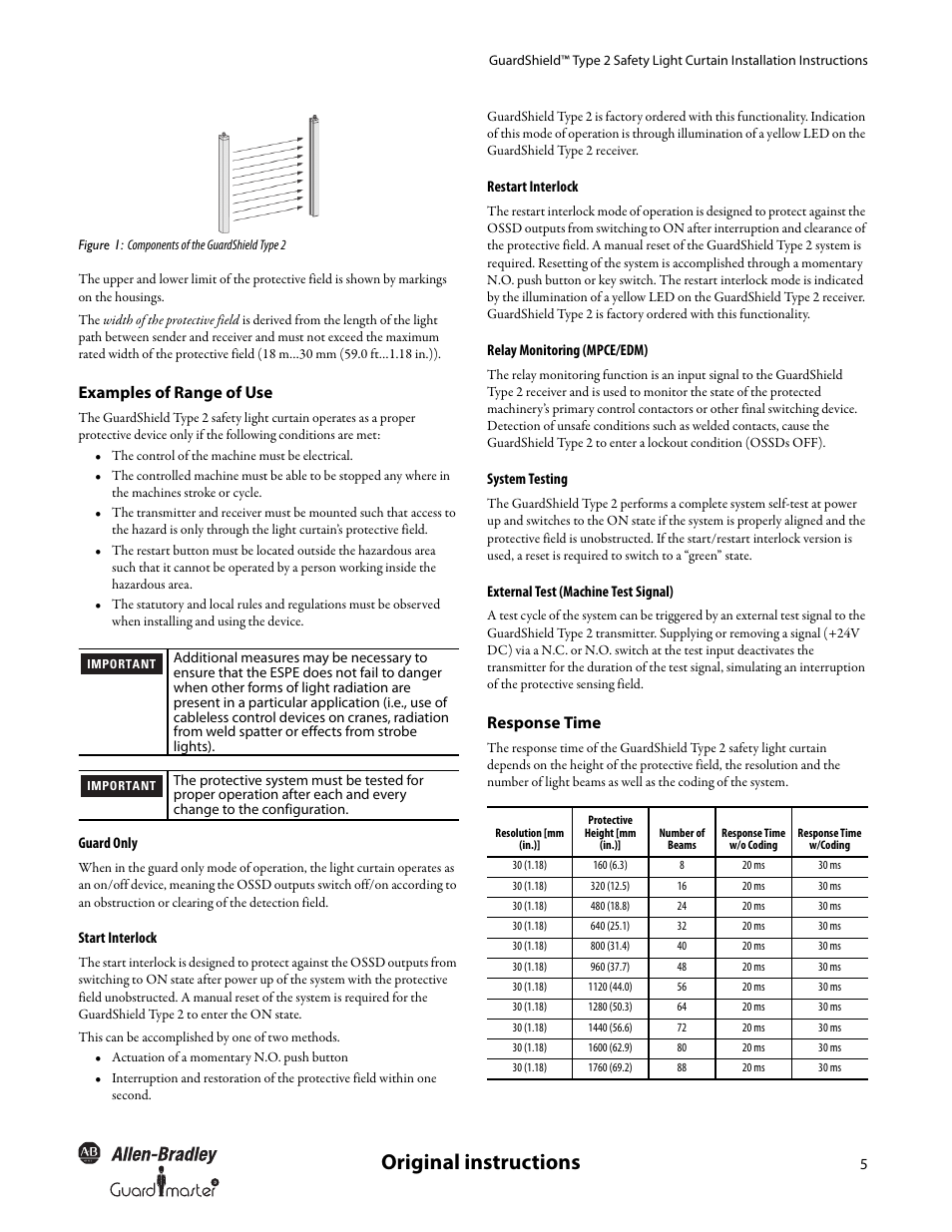 Original instructions, Examples of range of use, Response time | Rockwell Automation 440L GuardShield Type 2 Safety Light Curtain User Manual User Manual | Page 7 / 28