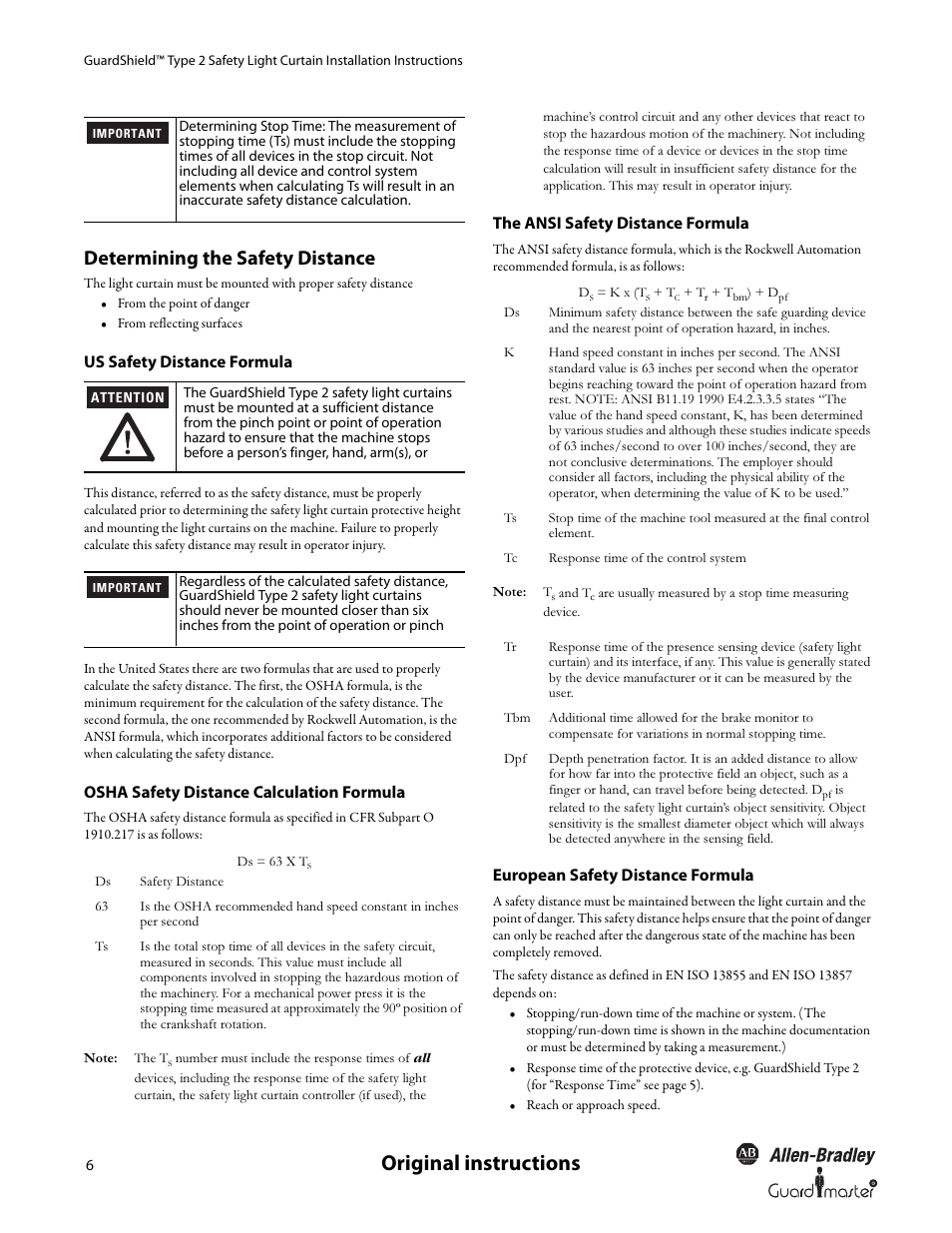 Original instructions, Determining the safety distance, Us safety distance formula | Osha safety distance calculation formula, The ansi safety distance formula, European safety distance formula | Rockwell Automation 440L GuardShield Type 2 Safety Light Curtain User Manual User Manual | Page 8 / 28