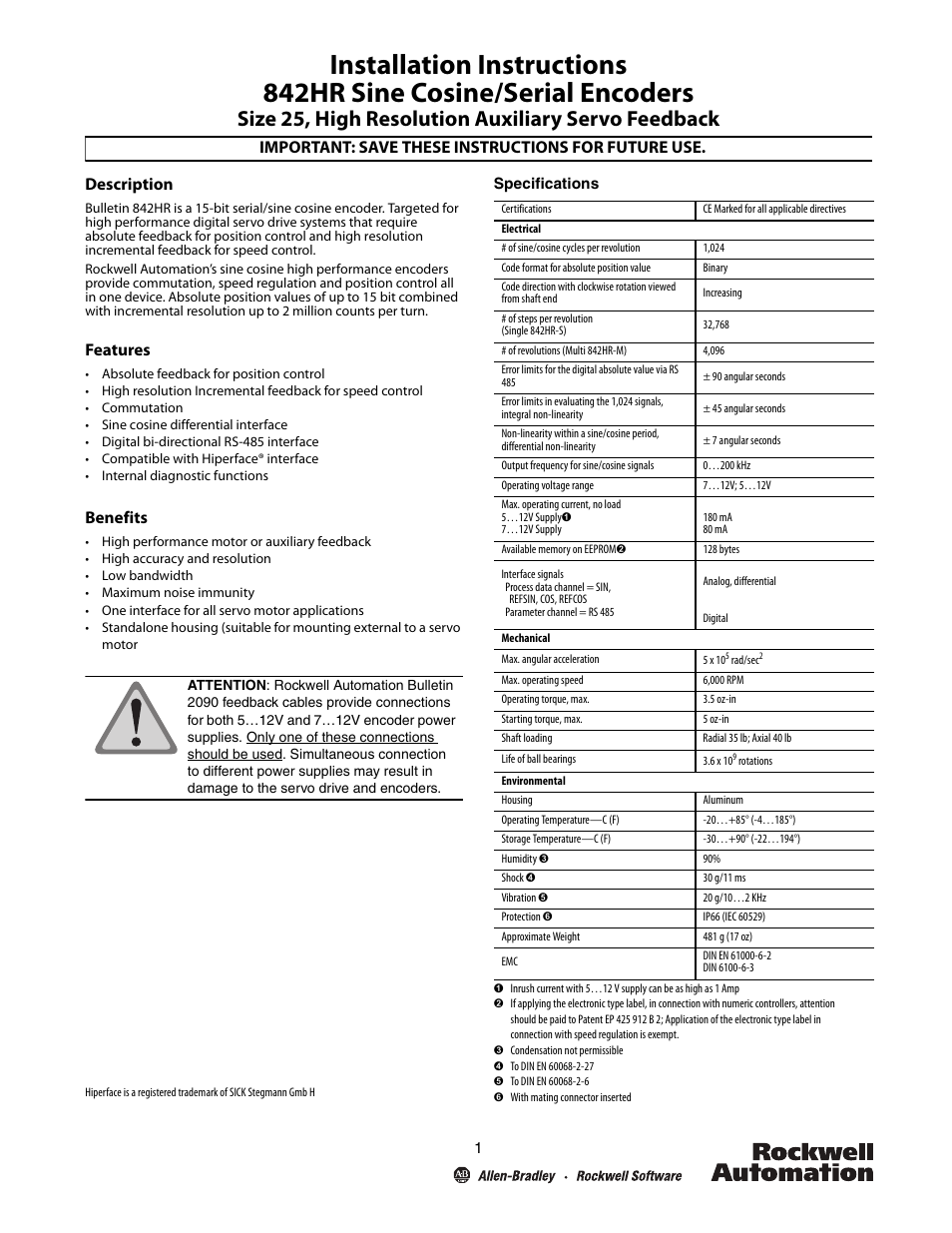 Rockwell Automation 842HR Sine Cosine/Serial Encoders User Manual | 4 pages