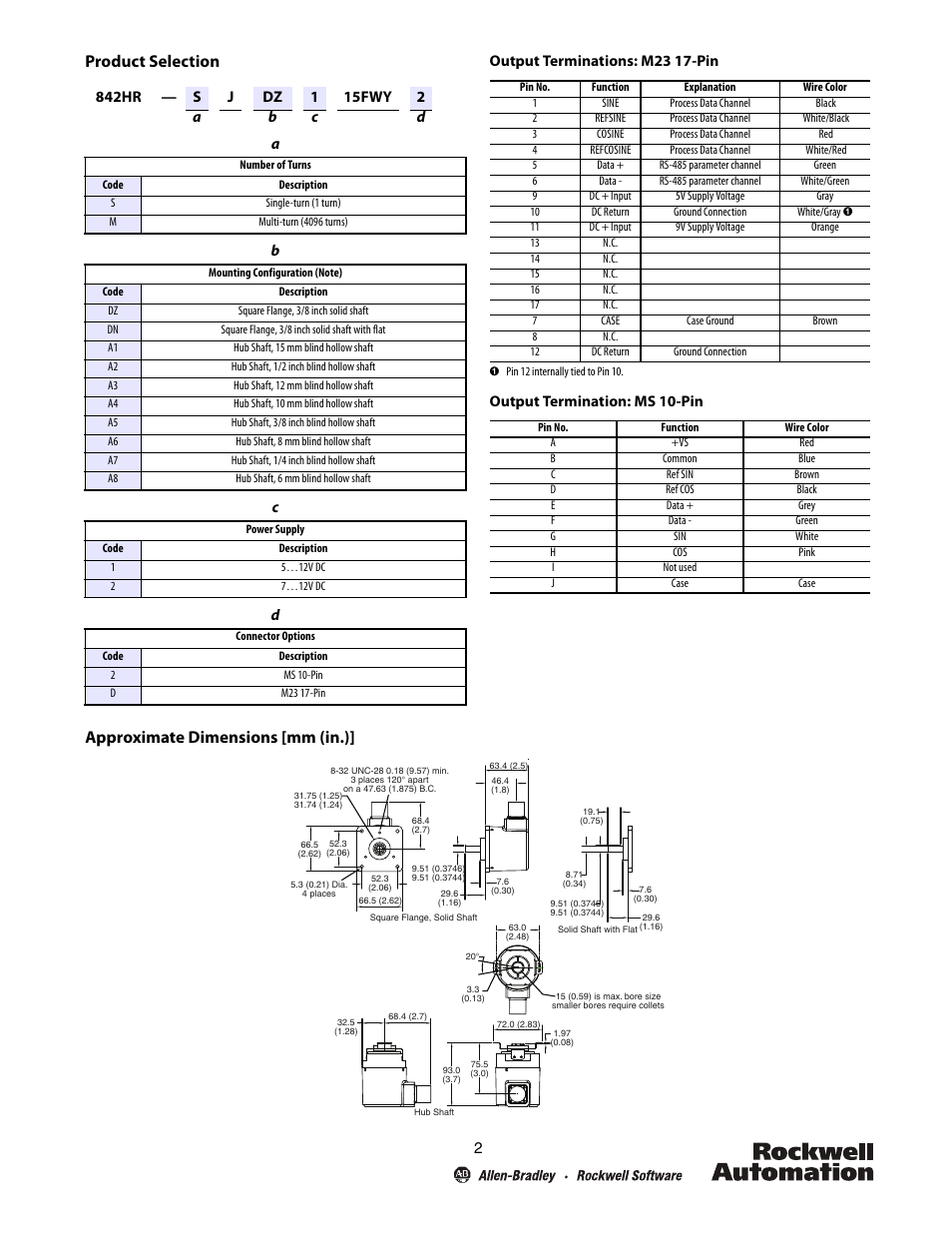 Product selection, Approximate dimensions [mm (in.), Ab c d | Output terminations: m23 17-pin, Output termination: ms 10-pin | Rockwell Automation 842HR Sine Cosine/Serial Encoders User Manual | Page 2 / 4