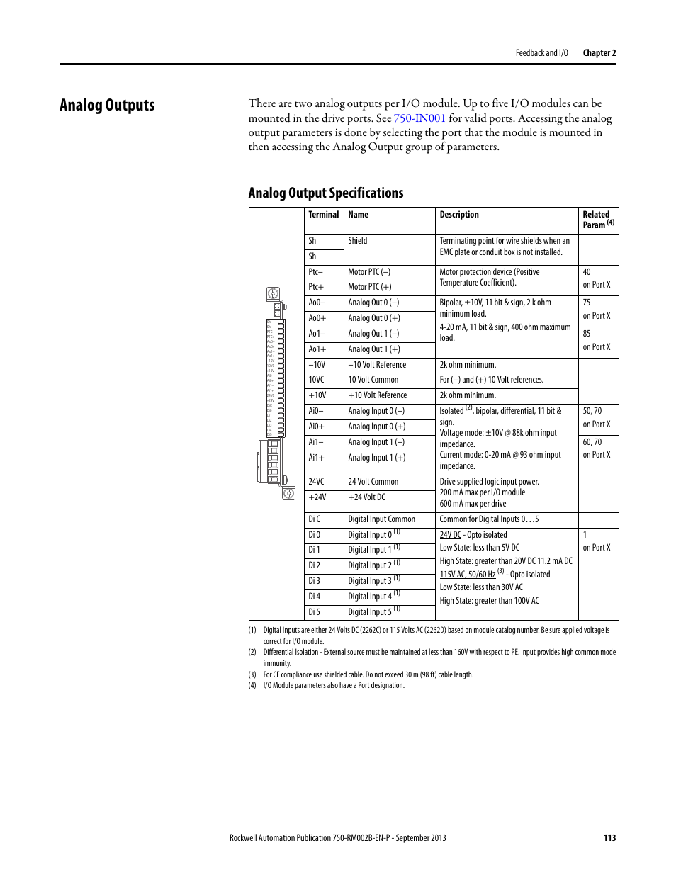 Analog outputs, Analog output specifications | Rockwell Automation 20G PowerFlex 750-Series AC Drives User Manual | Page 113 / 432