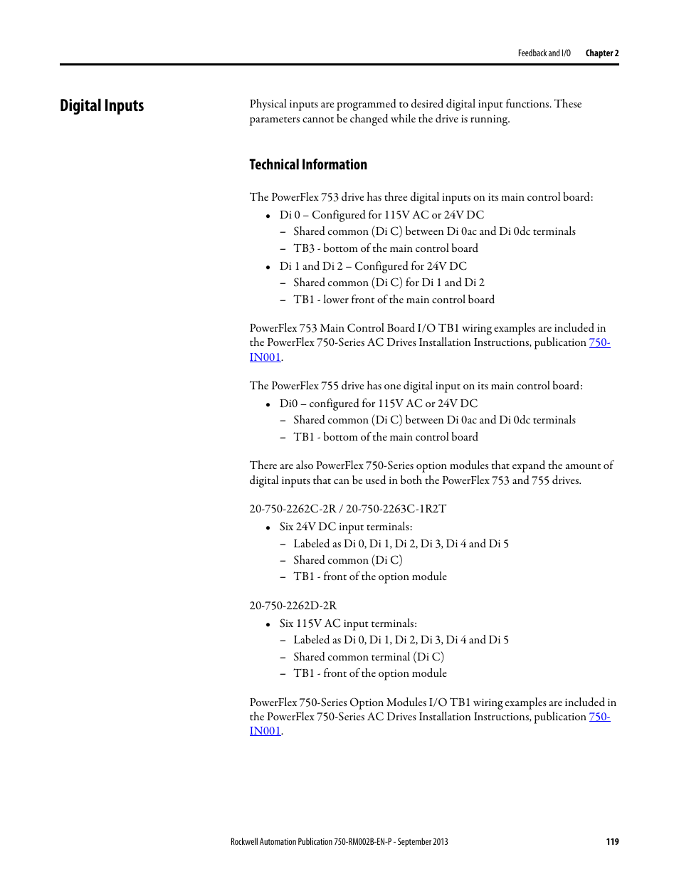 Digital inputs, Technical information | Rockwell Automation 20G PowerFlex 750-Series AC Drives User Manual | Page 119 / 432