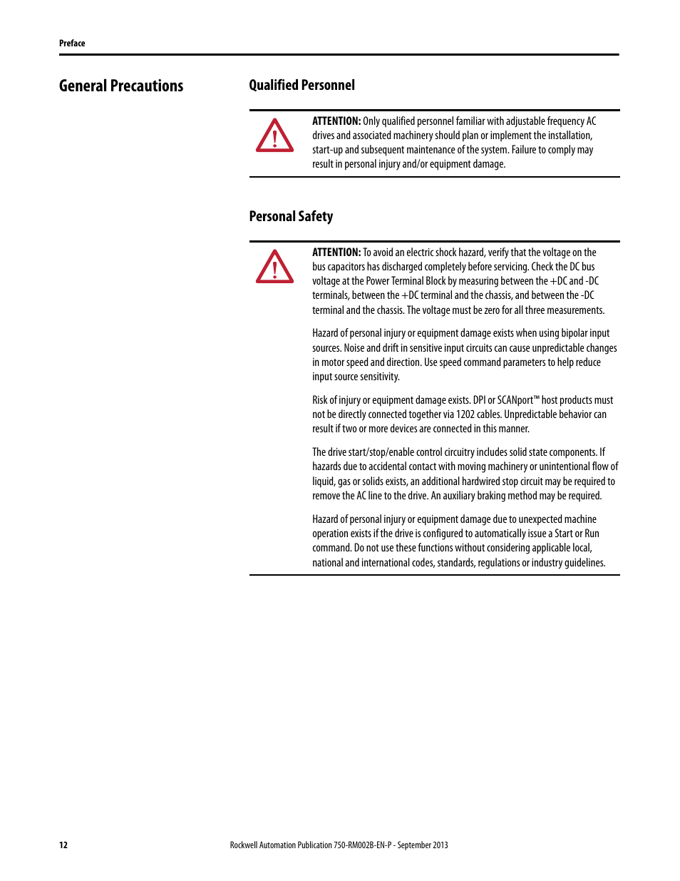 General precautions, Qualified personnel, Personal safety | Qualified personnel personal safety | Rockwell Automation 20G PowerFlex 750-Series AC Drives User Manual | Page 12 / 432