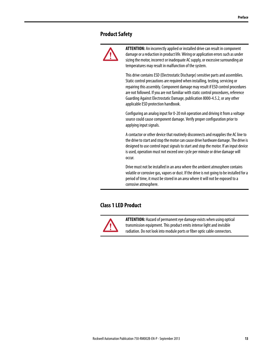 Product safety, Class 1 led product, Product safety class 1 led product | Rockwell Automation 20G PowerFlex 750-Series AC Drives User Manual | Page 13 / 432