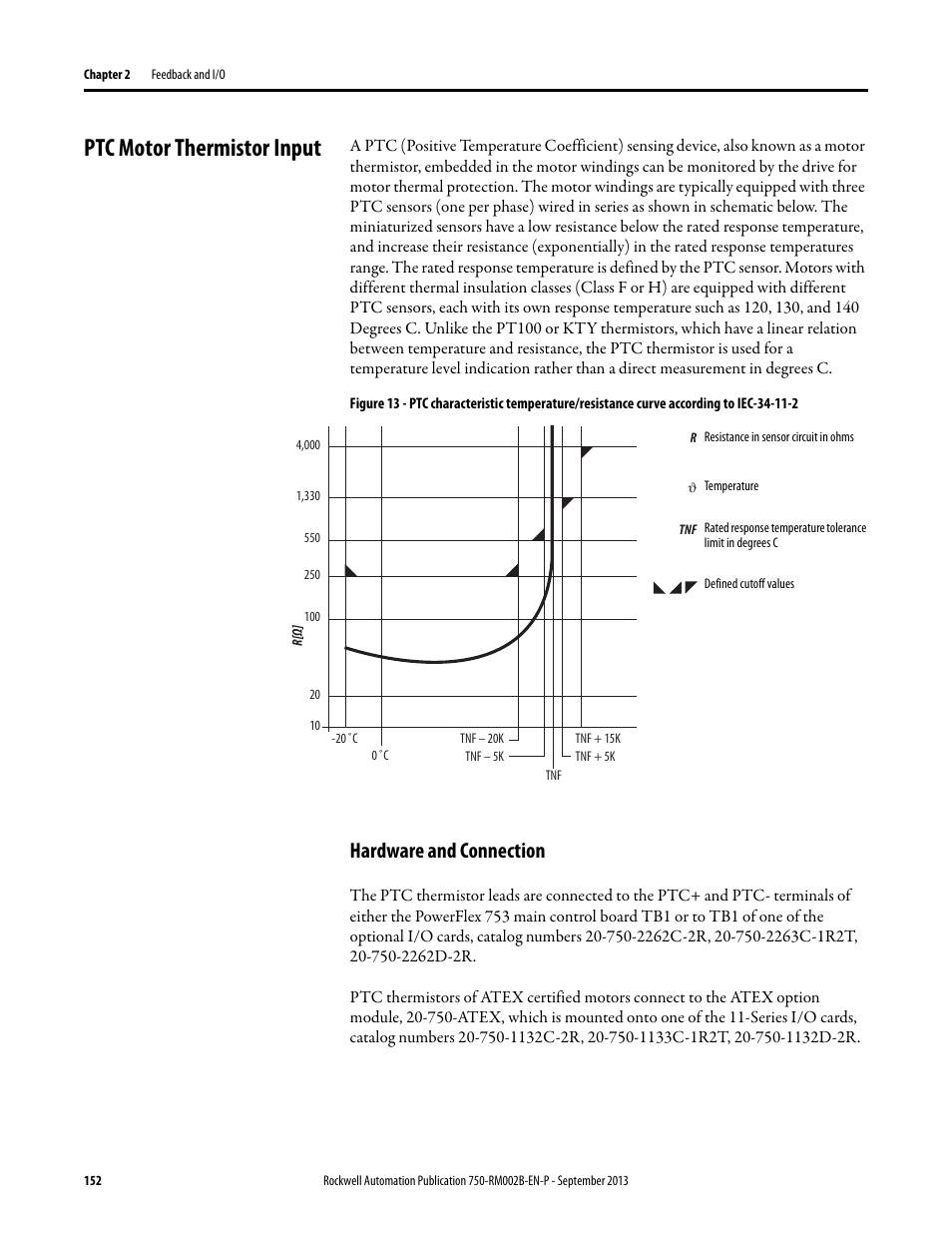 Ptc motor thermistor input, Hardware and connection | Rockwell Automation 20G PowerFlex 750-Series AC Drives User Manual | Page 152 / 432