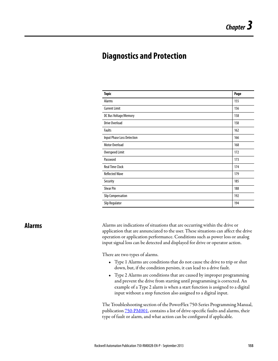 Diagnostics and protection, Alarms, Chapter 3 | Chapter | Rockwell Automation 20G PowerFlex 750-Series AC Drives User Manual | Page 155 / 432