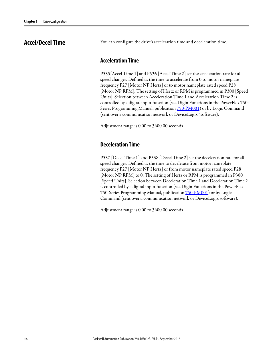 Accel/decel time, Acceleration time, Deceleration time | Rockwell Automation 20G PowerFlex 750-Series AC Drives User Manual | Page 16 / 432