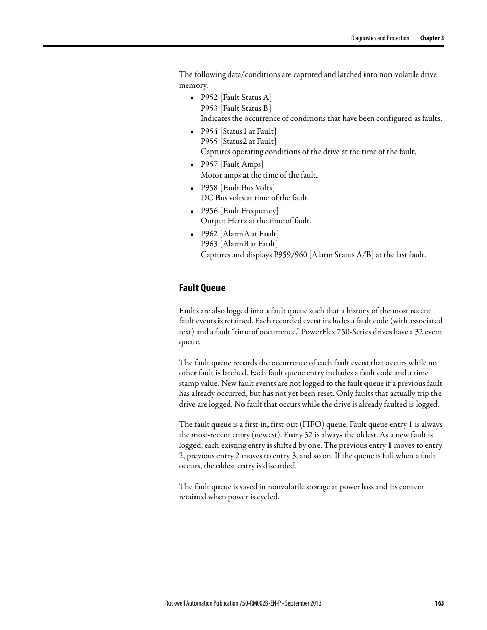 Fault queue | Rockwell Automation 20G PowerFlex 750-Series AC Drives User Manual | Page 163 / 432