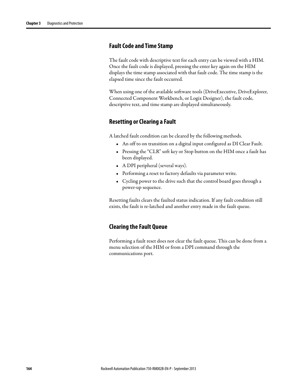 Fault code and time stamp, Resetting or clearing a fault, Clearing the fault queue | Rockwell Automation 20G PowerFlex 750-Series AC Drives User Manual | Page 164 / 432
