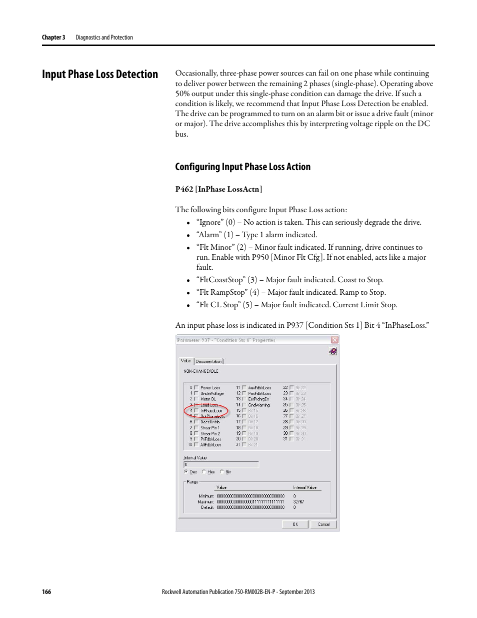 Input phase loss detection, Configuring input phase loss action | Rockwell Automation 20G PowerFlex 750-Series AC Drives User Manual | Page 166 / 432