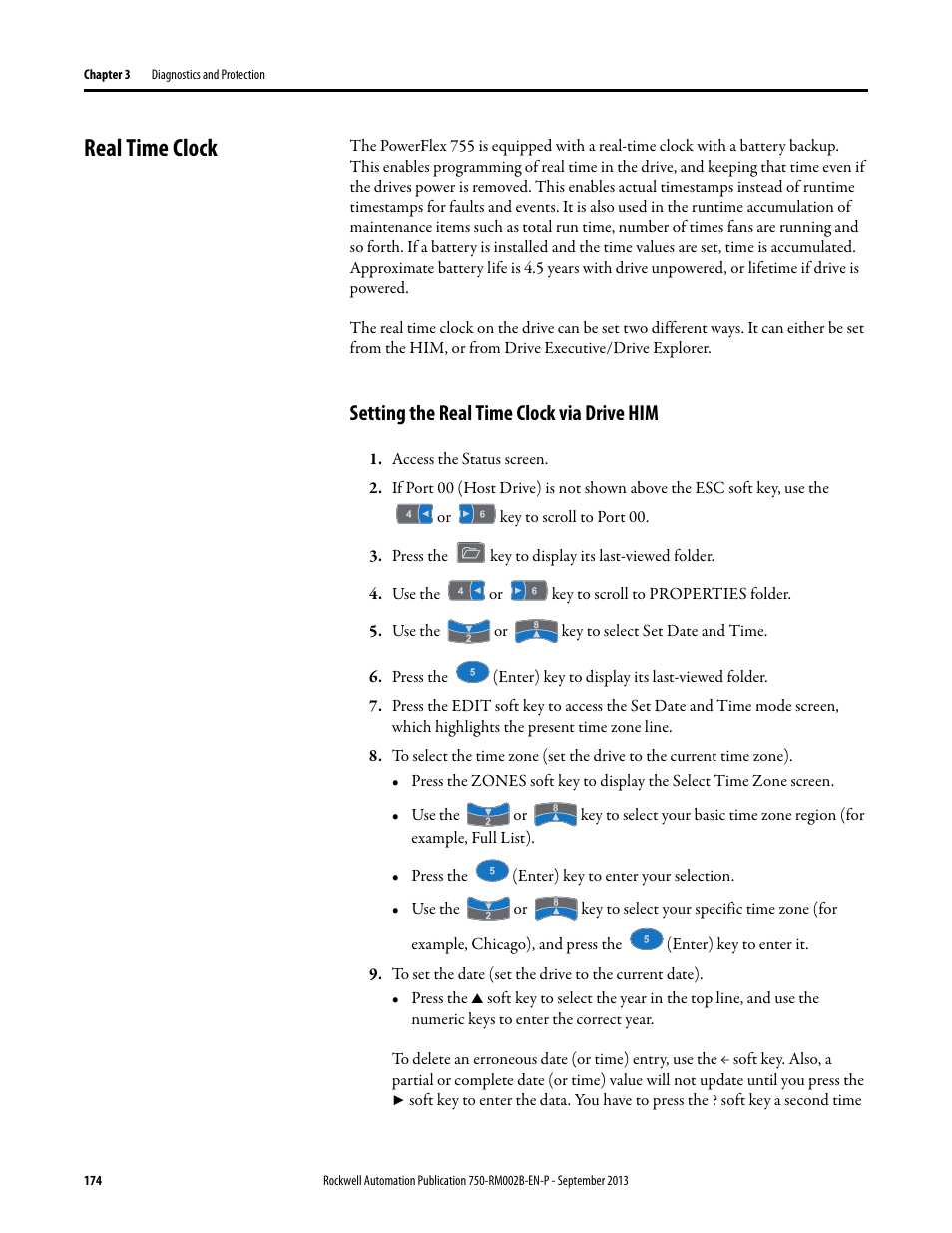 Real time clock, Setting the real time clock via drive him | Rockwell Automation 20G PowerFlex 750-Series AC Drives User Manual | Page 174 / 432