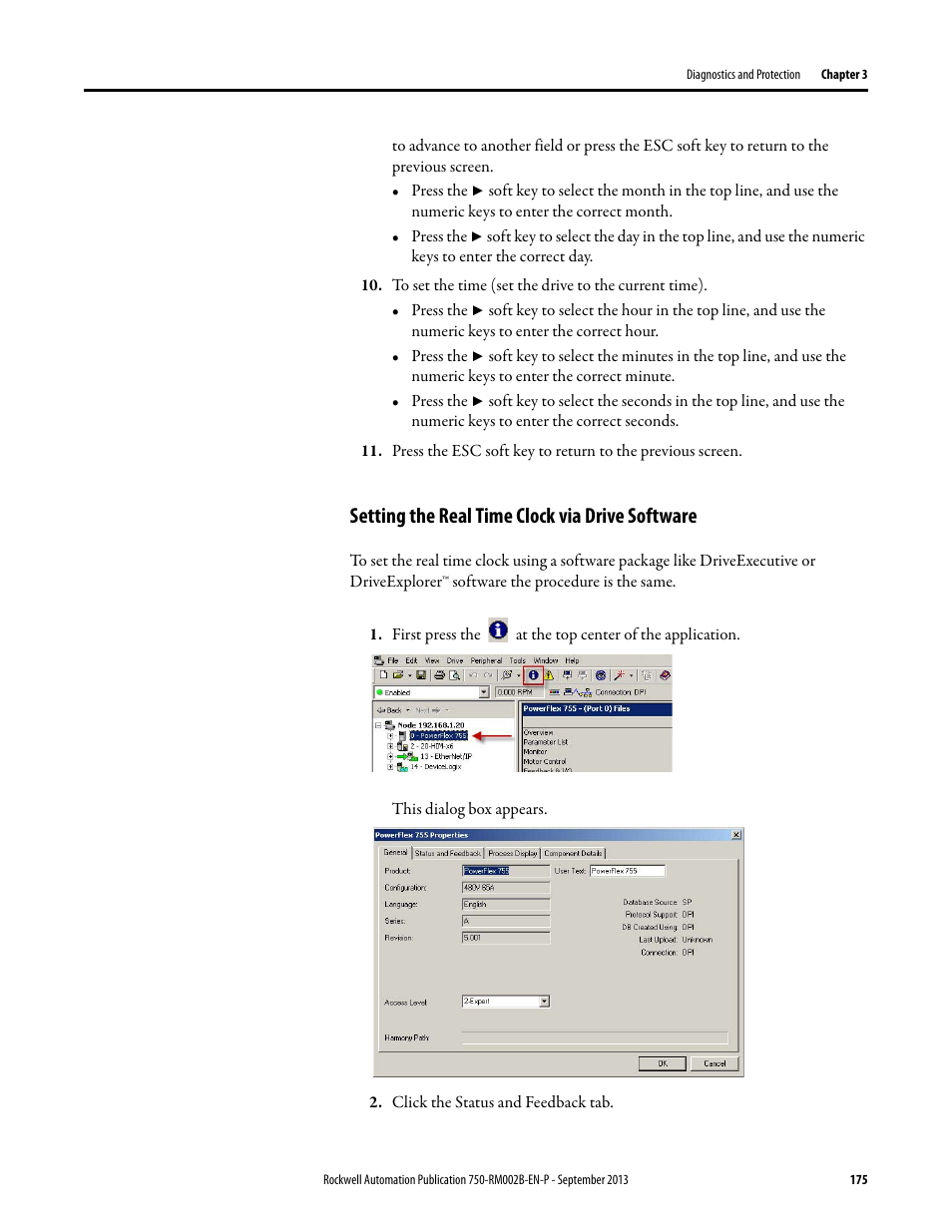 Setting the real time clock via drive software | Rockwell Automation 20G PowerFlex 750-Series AC Drives User Manual | Page 175 / 432