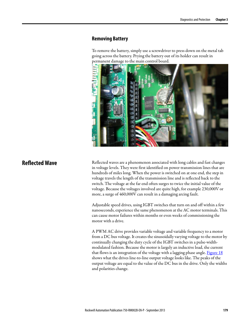 Removing battery, Reflected wave | Rockwell Automation 20G PowerFlex 750-Series AC Drives User Manual | Page 179 / 432