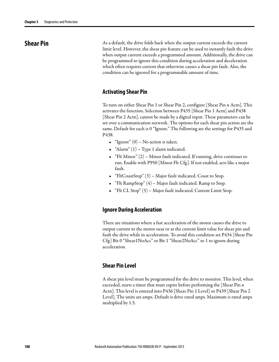 Shear pin, Activating shear pin, Ignore during acceleration | Shear pin level | Rockwell Automation 20G PowerFlex 750-Series AC Drives User Manual | Page 188 / 432