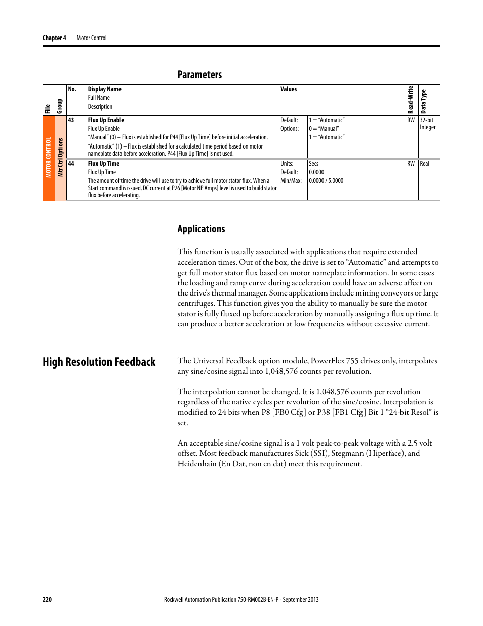 Parameters, Applications, High resolution feedback | Parameters applications | Rockwell Automation 20G PowerFlex 750-Series AC Drives User Manual | Page 220 / 432