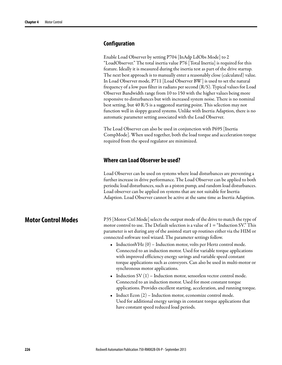 Configuration, Where can load observer be used, Motor control modes | Rockwell Automation 20G PowerFlex 750-Series AC Drives User Manual | Page 226 / 432