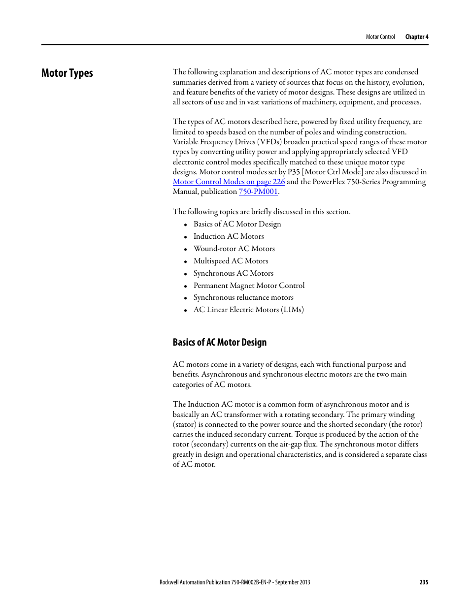 Motor types, Basics of ac motor design | Rockwell Automation 20G PowerFlex 750-Series AC Drives User Manual | Page 235 / 432