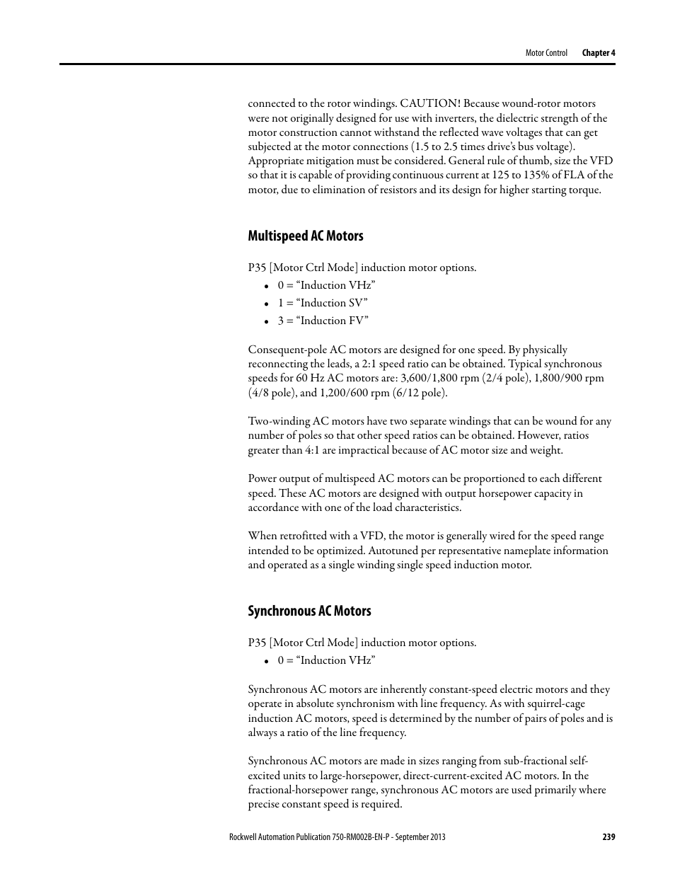 Multispeed ac motors, Synchronous ac motors | Rockwell Automation 20G PowerFlex 750-Series AC Drives User Manual | Page 239 / 432