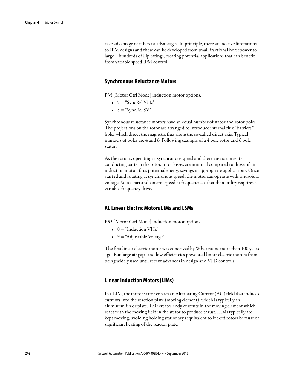 Synchronous reluctance motors, Ac linear electric motors lims and lsms, Linear induction motors (lims) | Rockwell Automation 20G PowerFlex 750-Series AC Drives User Manual | Page 242 / 432