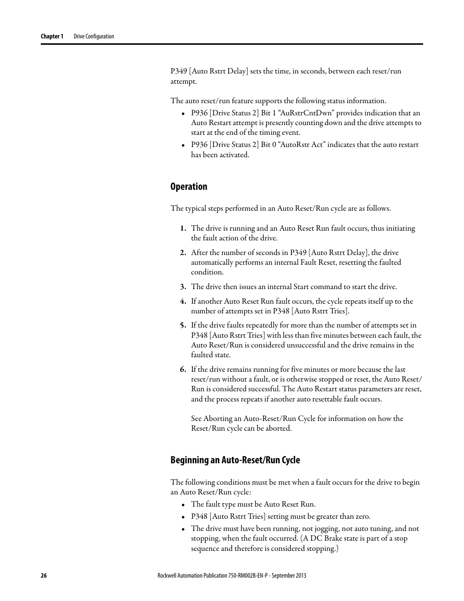 Operation, Beginning an auto-reset/run cycle | Rockwell Automation 20G PowerFlex 750-Series AC Drives User Manual | Page 26 / 432
