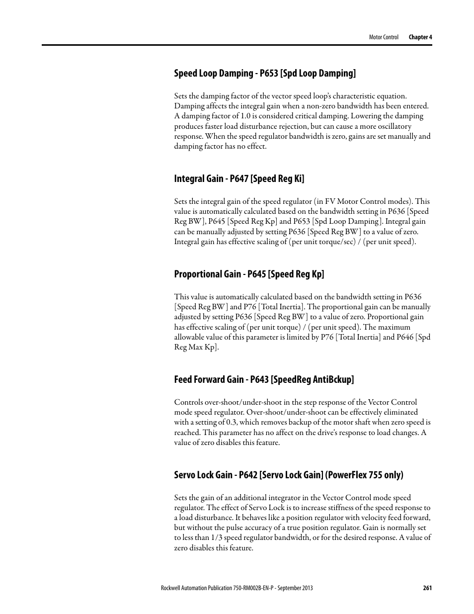 Speed loop damping - p653 [spd loop damping, Integral gain - p647 [speed reg ki, Proportional gain - p645 [speed reg kp | Feed forward gain - p643 [speedreg antibckup | Rockwell Automation 20G PowerFlex 750-Series AC Drives User Manual | Page 261 / 432