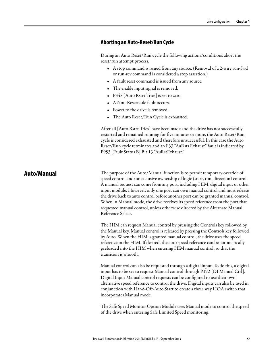 Aborting an auto-reset/run cycle, Auto/manual | Rockwell Automation 20G PowerFlex 750-Series AC Drives User Manual | Page 27 / 432