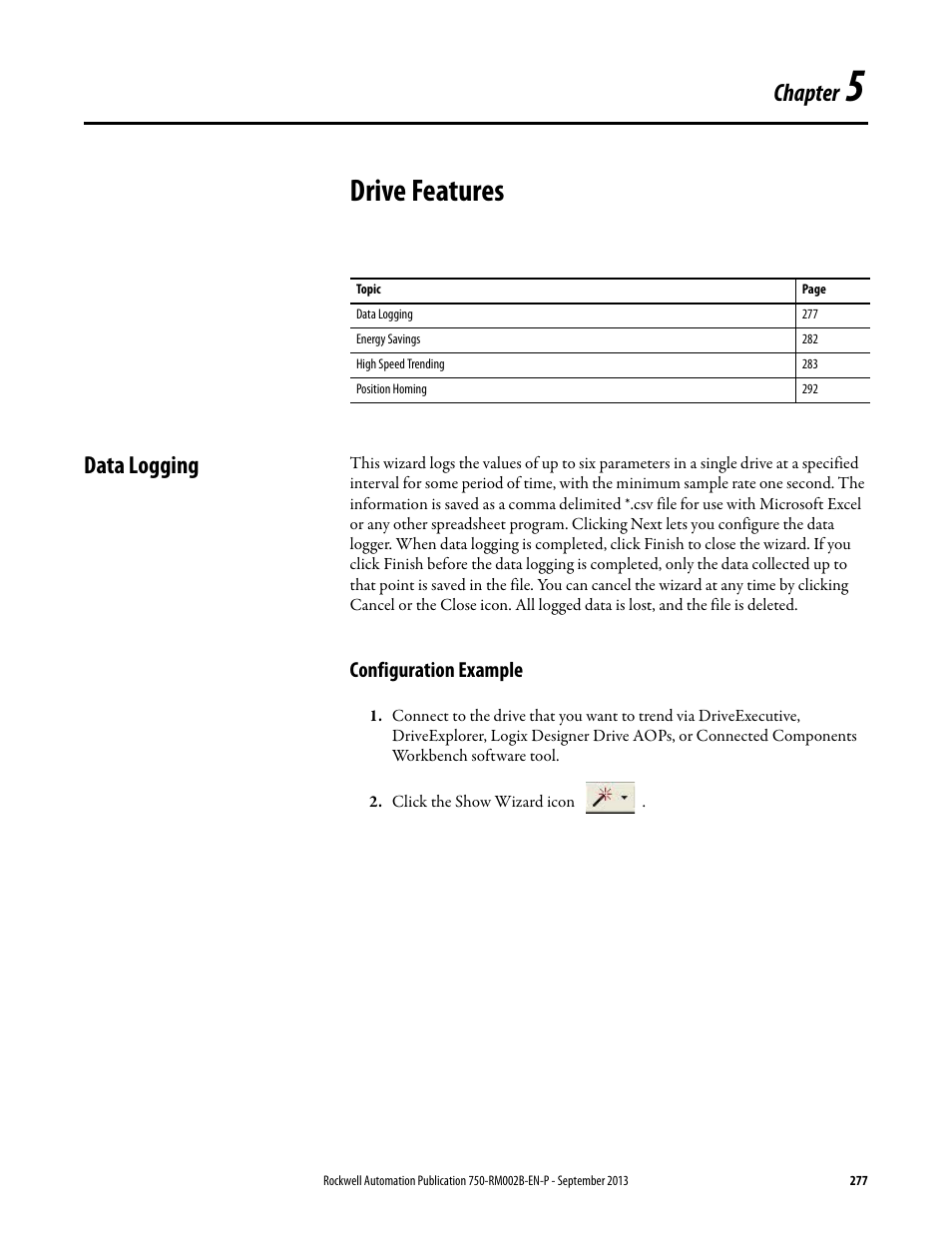 Drive features, Data logging, Configuration example | Chapter 5, Chapter | Rockwell Automation 20G PowerFlex 750-Series AC Drives User Manual | Page 277 / 432